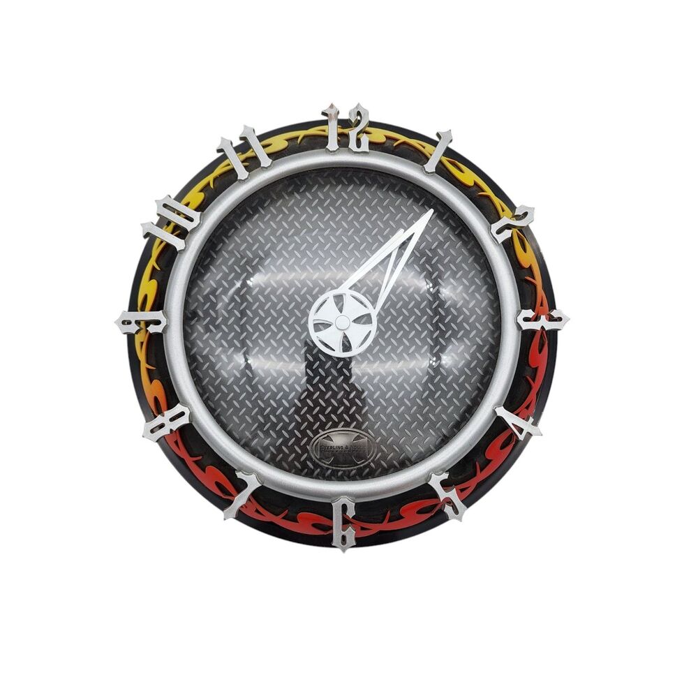 Sterling & Noble Motorcycle Wall Clock 10" Diamond Plate Flames Garage Man Cave
